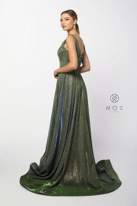 Metallic Long Satin V-Neck Ballgown-Style Dress by Nox Anabel R274