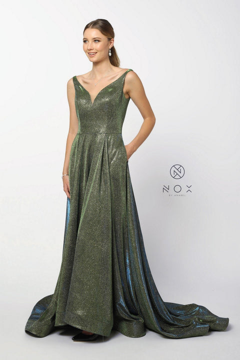 Metallic Long Satin V-Neck Ballgown-Style Dress by Nox Anabel R274