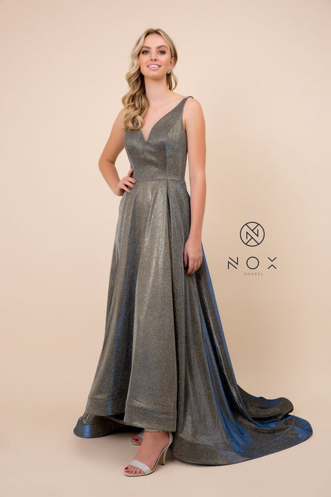 Metallic Long Satin V-Neck Ballgown-Style Dress by Nox Anabel R274