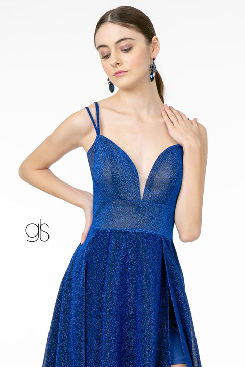 Long Metallic V-Neck Dress with Slit by Elizabeth K GL2997