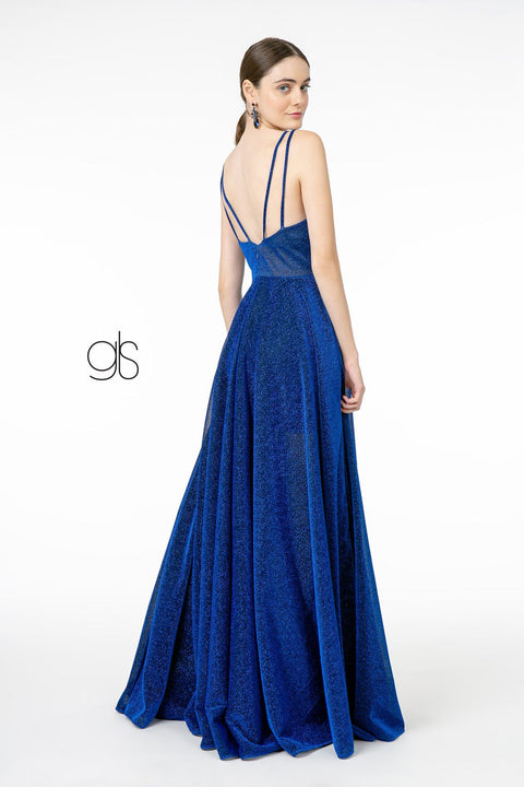 Long Metallic V-Neck Dress with Slit by Elizabeth K GL2997
