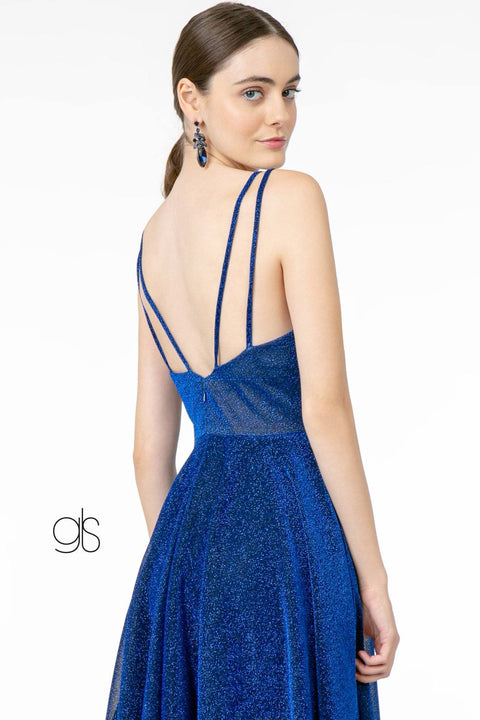 Long Metallic V-Neck Dress with Slit by Elizabeth K GL2997