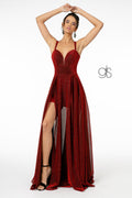 Long Metallic V-Neck Dress with Slit by Elizabeth K GL2997