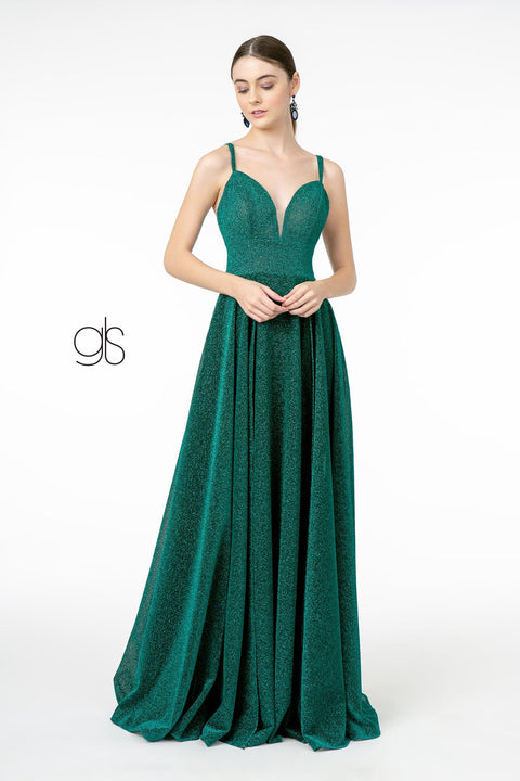 Long Metallic V-Neck Dress with Slit by Elizabeth K GL2997