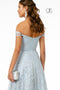 Elizabeth K GL2887: Long Glitter Print Dress with Off-Shoulder neckline