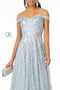 Elizabeth K GL2887: Long Glitter Print Dress with Off-Shoulder neckline