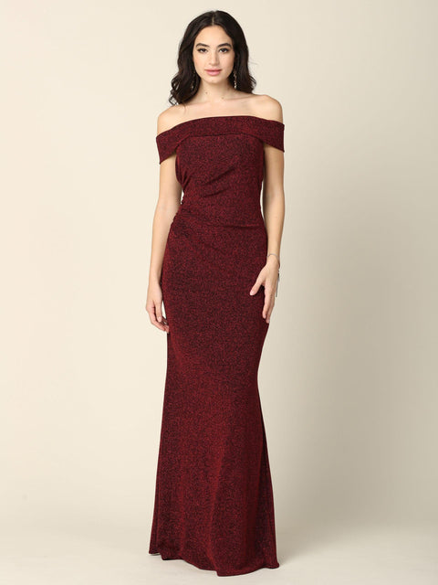 Long Off Shoulder Metallic Formal Dress prom dress