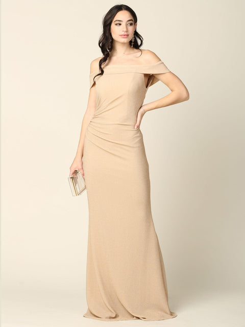 Long Off Shoulder Metallic Formal Dress prom dress