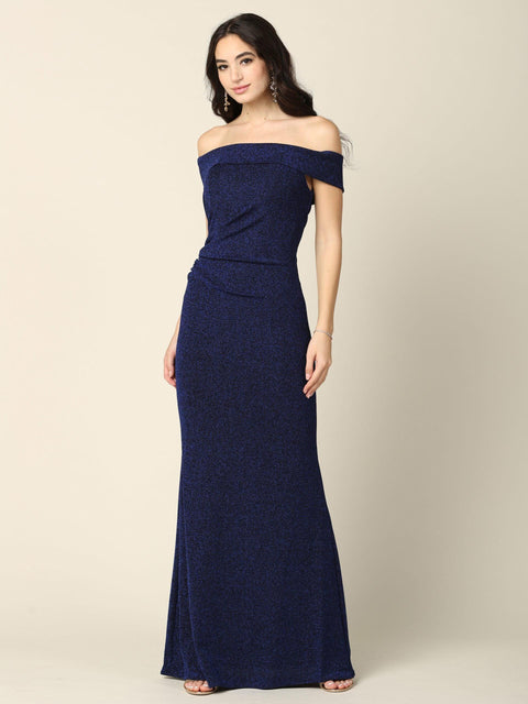 Long Off Shoulder Metallic Formal Dress prom dress