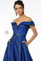 Elizabeth K GL2982: Long Metallic Glitter Dress with Off-Shoulder neckline