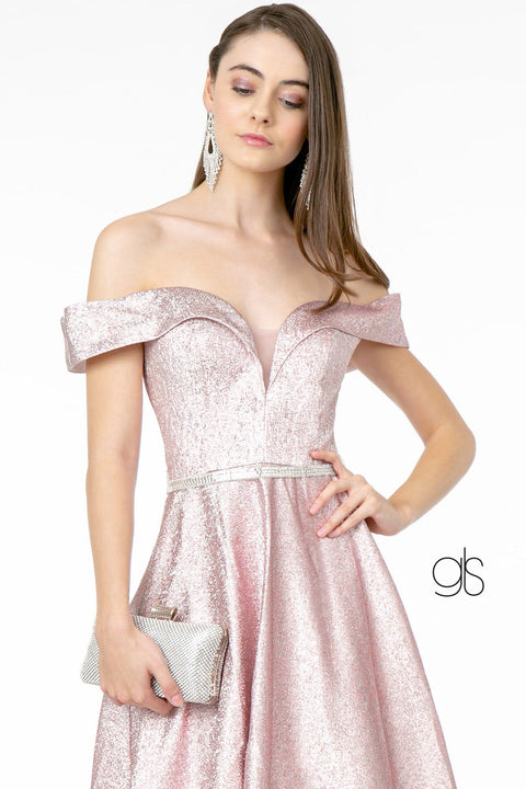 Elizabeth K GL2982: Long Metallic Glitter Dress with Off-Shoulder neckline