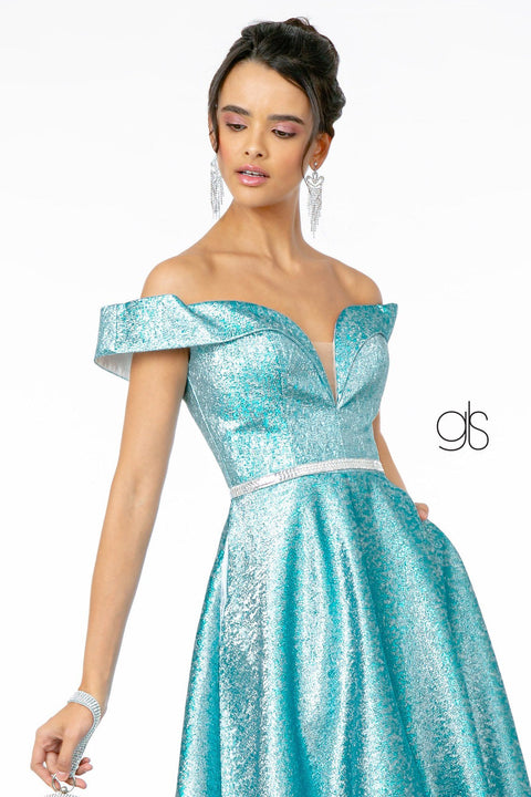 Elizabeth K GL2982: Long Metallic Glitter Dress with Off-Shoulder neckline