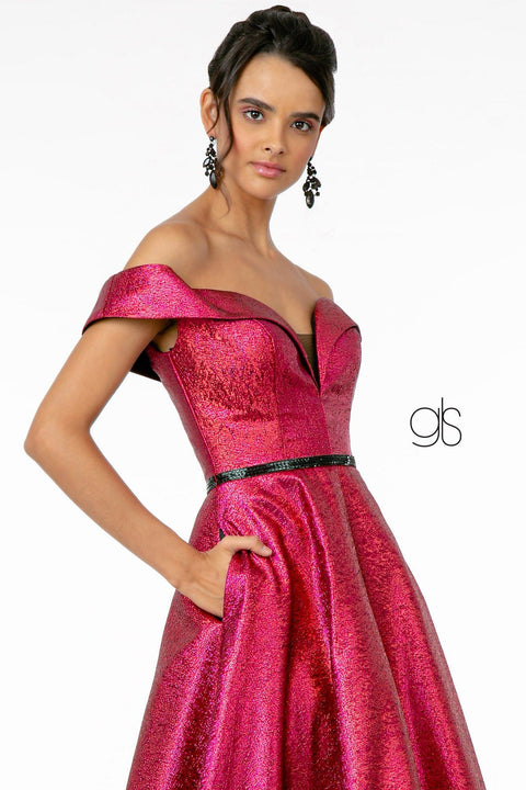 Elizabeth K GL2982: Long Metallic Glitter Dress with Off-Shoulder neckline