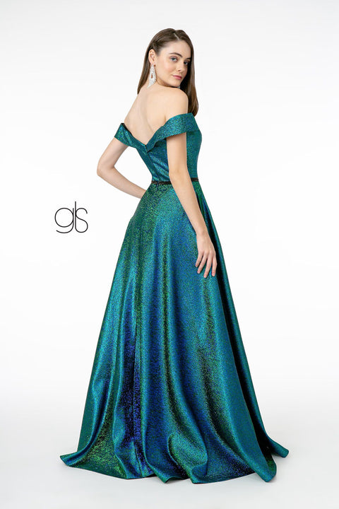 Elizabeth K GL2982: Long Metallic Glitter Dress with Off-Shoulder neckline