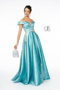 Elizabeth K GL2982: Long Metallic Glitter Dress with Off-Shoulder neckline