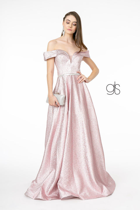 Elizabeth K GL2982: Long Metallic Glitter Dress with Off-Shoulder neckline