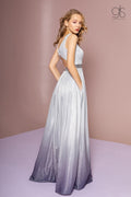 Elizabeth K GL2678: Long Ombre Glitter Dress with Sheer V-Neckline