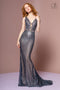 Elizabeth K GL2678: Long Ombre Glitter Dress with Sheer V-Neckline