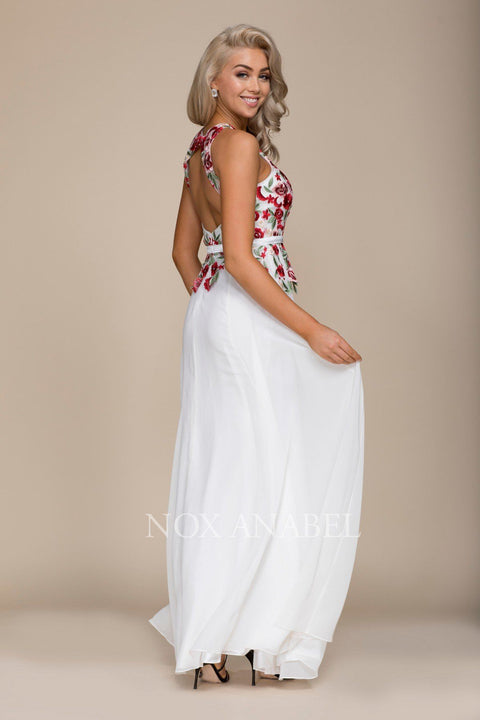 Long Open Back Embroidered Bodice Dress by Nox Anabel 8275