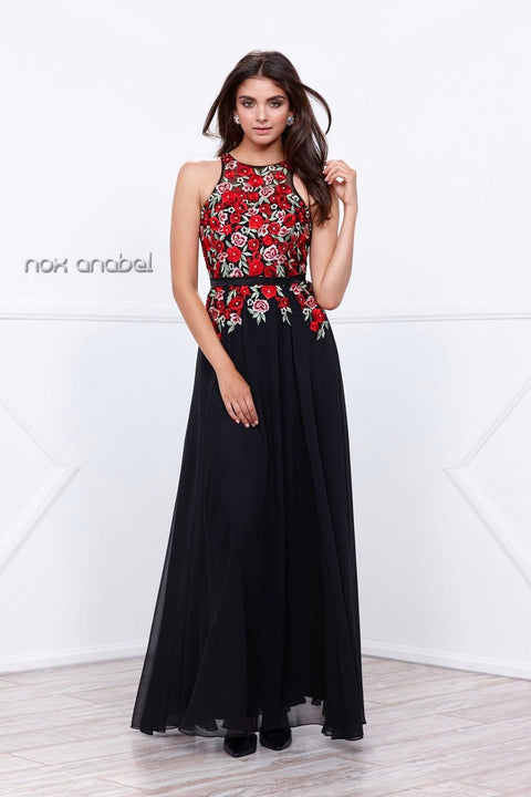 Long Open Back Embroidered Bodice Dress by Nox Anabel 8275