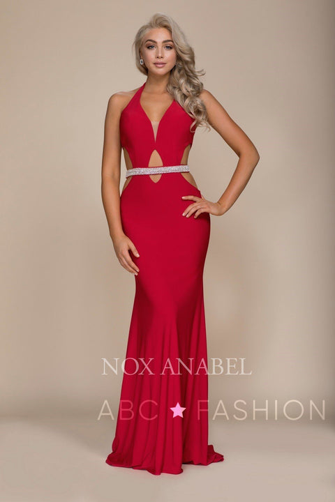 Long Open Halter Back Dress with Beaded Waistline by Nox Anabel A046