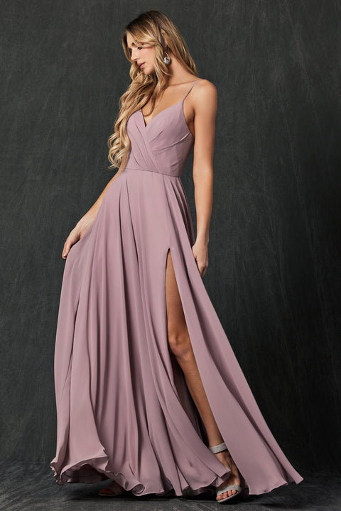 Long V-Neck Pleated Dress by Juliet 263