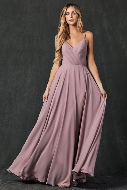 Long V-Neck Pleated Dress by Juliet 263