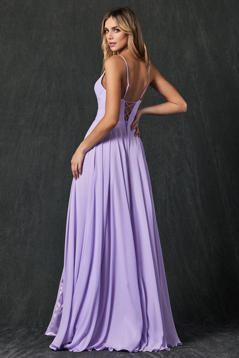 Long V-Neck Pleated Dress by Juliet 263