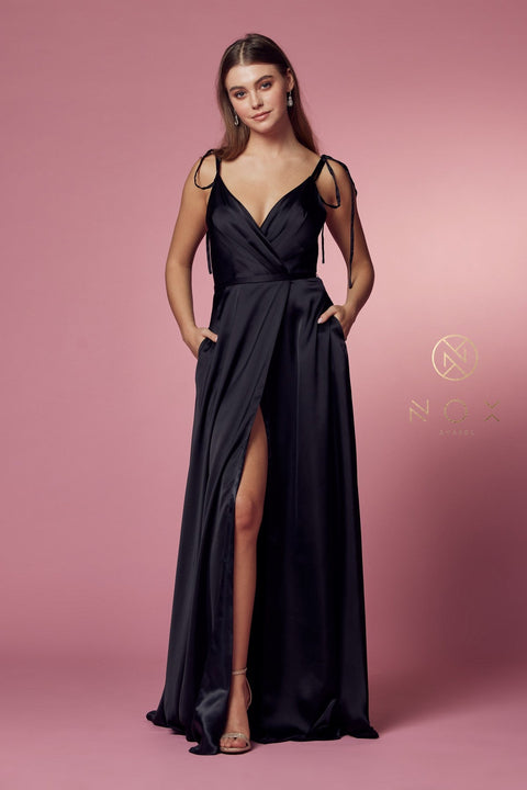 Satin Long V-Neck Dress by Nox Anabel R1029