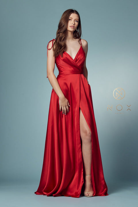 Satin Long V-Neck Dress by Nox Anabel R1029