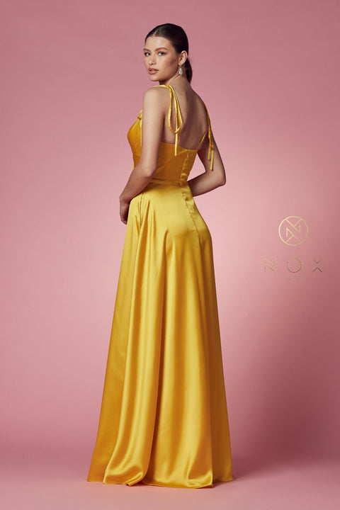 Satin Long V-Neck Dress by Nox Anabel R1029