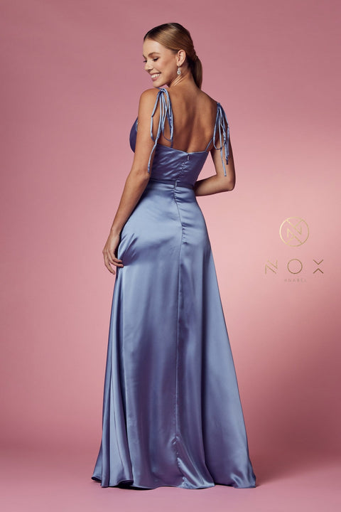 Satin Long V-Neck Dress by Nox Anabel R1029