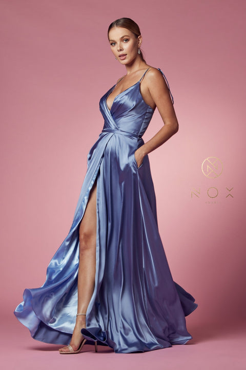 Satin Long V-Neck Dress by Nox Anabel R1029