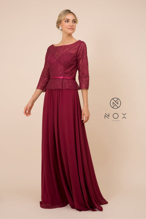Long-Sleeve Bodice Gown with Beaded Lace by Nox Anabel M520