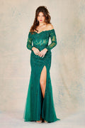 Adora 3079's Corset Gown with Long Sleeves and Off-Shoulder Design