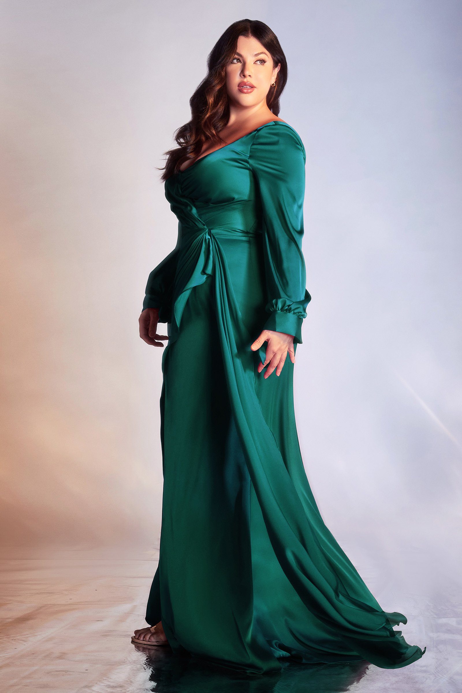 Long Sleeve Satin Curve Gown by Cinderella Divine 7478C– sheerdreamz