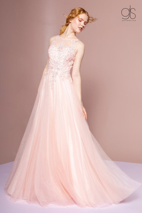 Elizabeth K GL2693's Sleeveless A-Line Dress with Sheer Lace Top