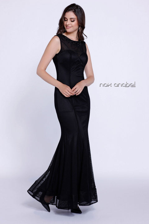 Long Sleeveless Dress with Beaded Mesh by Nox Anabel 8259