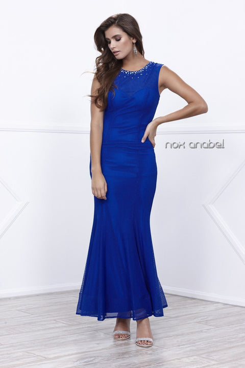 Long Sleeveless Dress with Beaded Mesh by Nox Anabel 8259