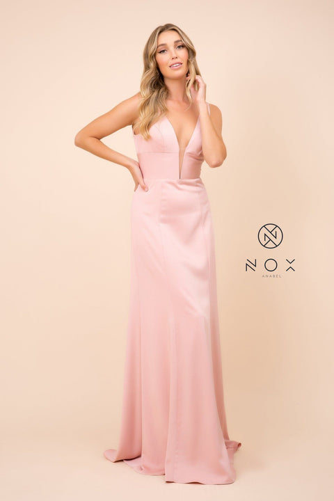 Long Sleeveless Gown with Deep V-Neckline by Nox Anabel Q010