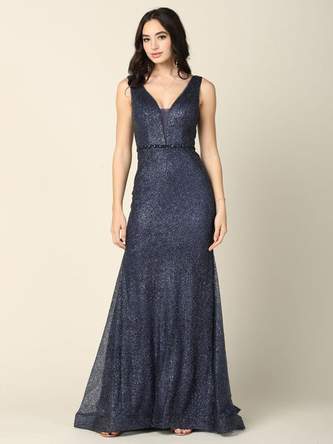 Formal Long Sleeveless Fitted Glitter Dress
