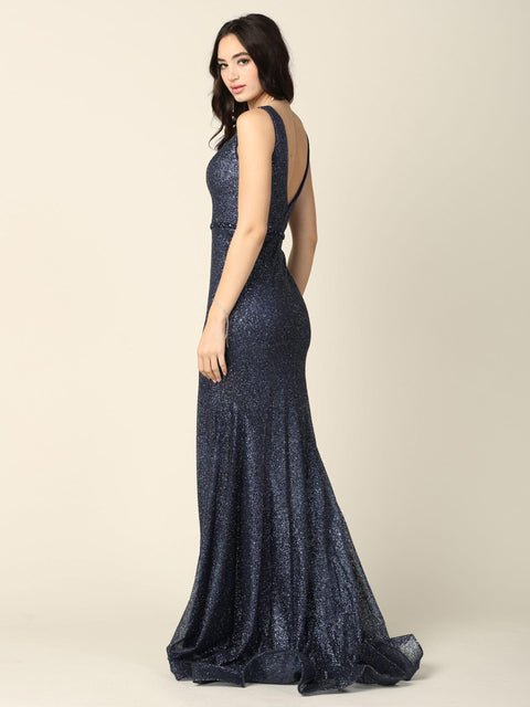 Formal Long Sleeveless Fitted Glitter Dress
