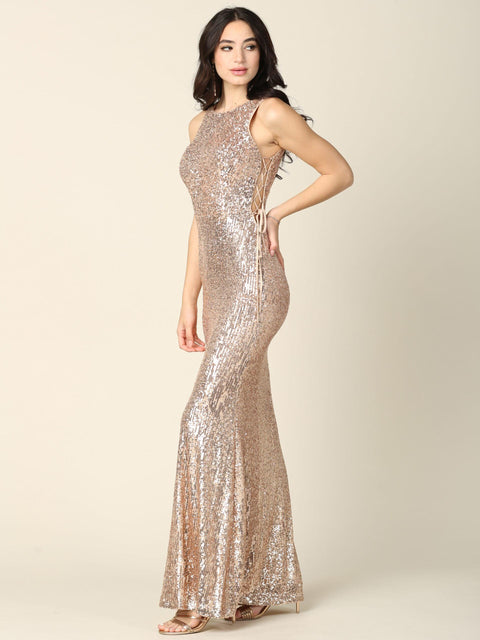 Formal Long Sleeveless Fitted Sequins Dress