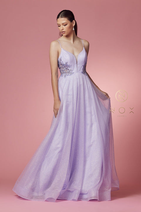 Long Sleeveless Dress with Glitters by Nox Anabel T1033