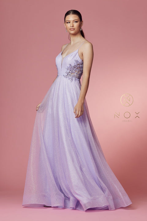 Long Sleeveless Dress with Glitters by Nox Anabel T1033