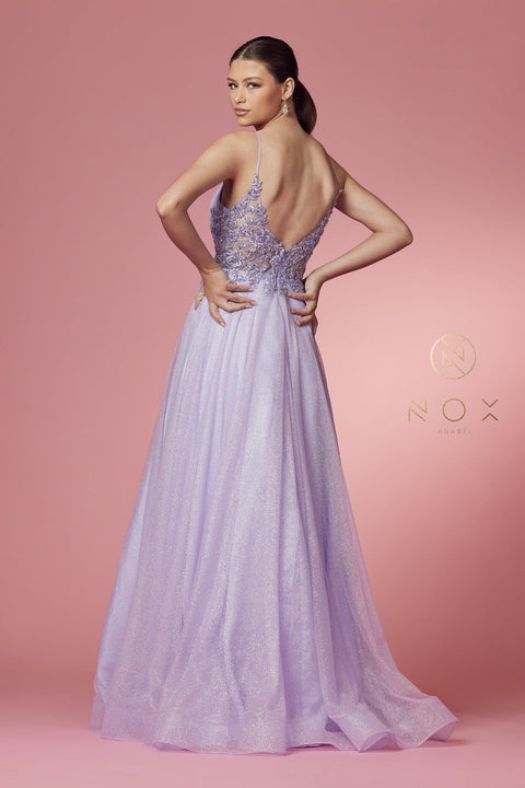Long Sleeveless Dress with Glitters by Nox Anabel T1033