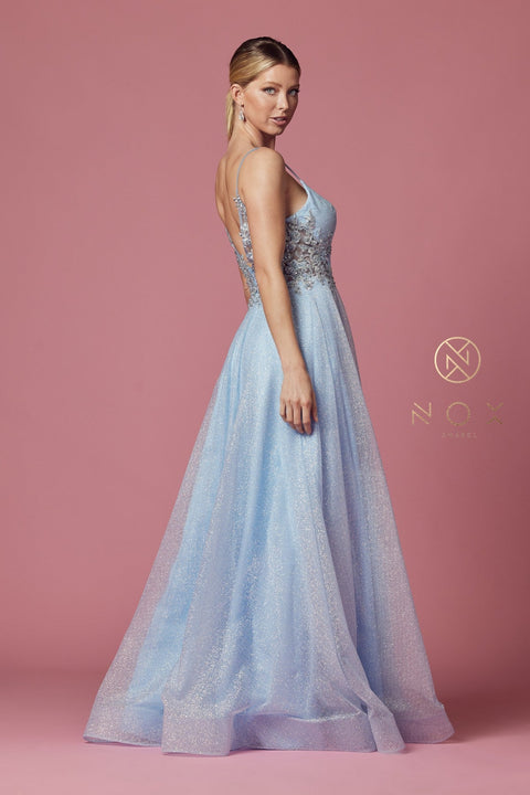 Long Sleeveless Dress with Glitters by Nox Anabel T1033