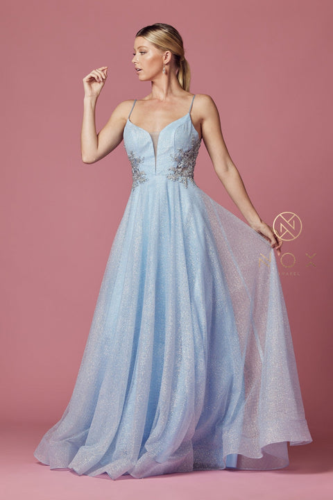 Long Sleeveless Dress with Glitters by Nox Anabel T1033