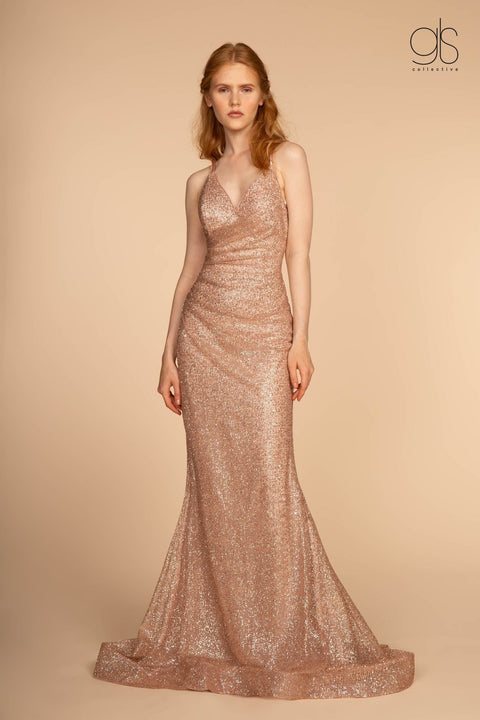 Elizabeth K GL2586's Sleeveless Glitter Dress with Corset Back