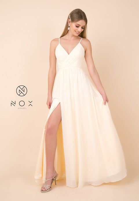 Sleeveless Long V-Neck Dress with Slit by Nox Anabel R275